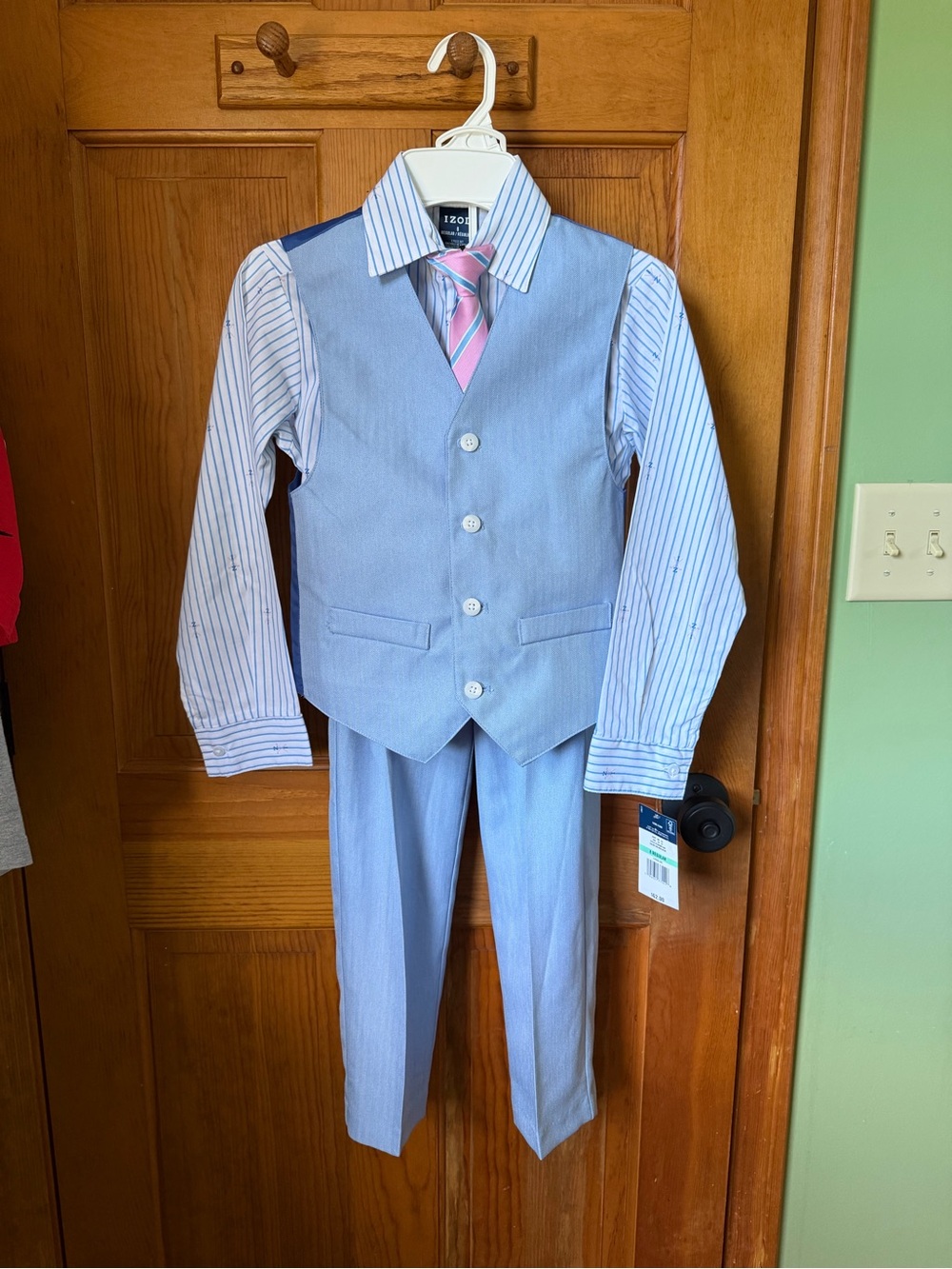 Izod Light Blue Boys' Dress Vest Set with Pink Stripe Tie